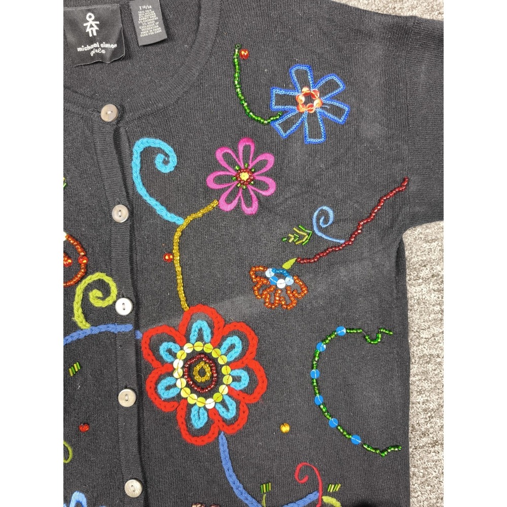 Michael Simon‎ Womens S Silk Cashmere Beaded Floral Cardigan Sweater Black - Picture 6 of 9